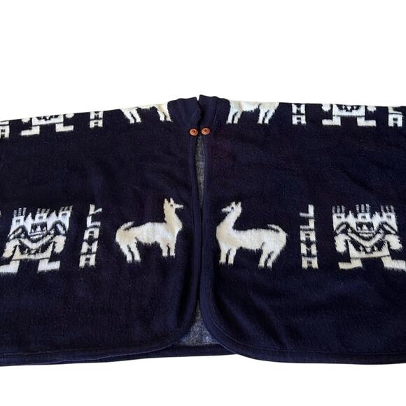 Llama INCA Print Navy Blue White Poncho Sweater Cape Boho Hippie Cozy Warm - Picture 6 of 11